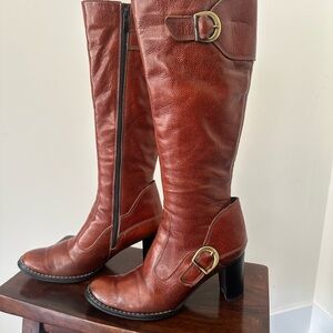 Brown Real Leather Knee-High Boots with fur inside Size 38